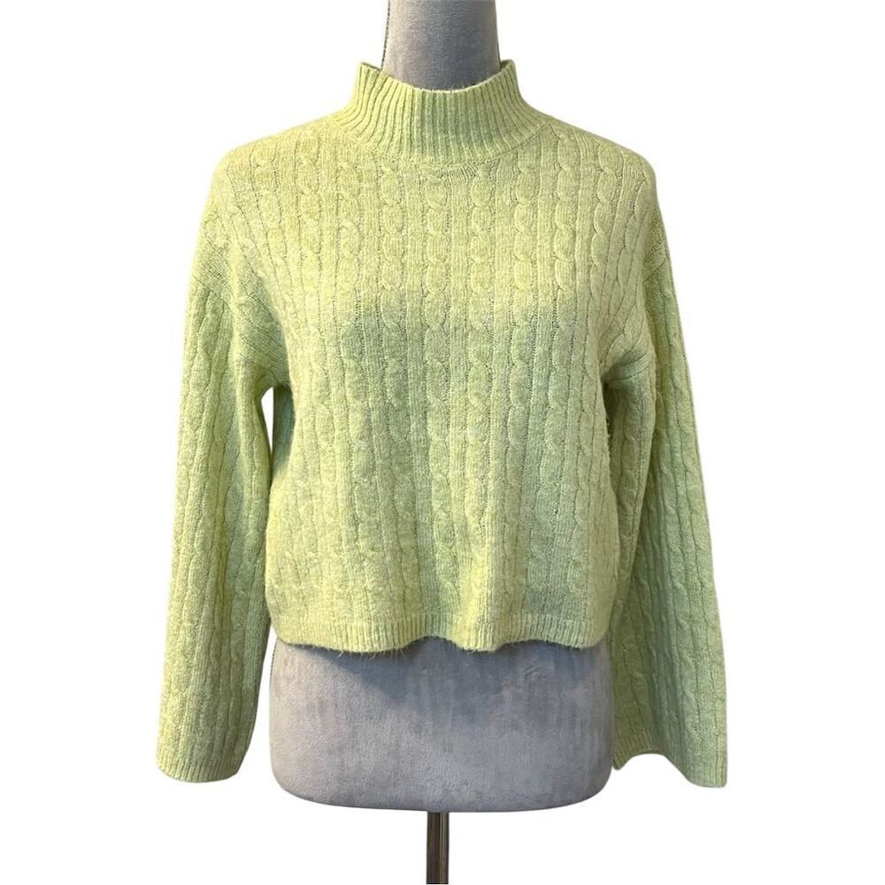 Jessica Simpson Women's XS Green Cable-Knit Crop Sweater Mock Neck Pullover Cozy